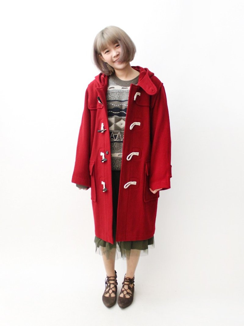 【RE0119C415】學院風質感紅挺版寬鬆古著牛角扣大衣外套 - 外套/大衣 - 羊毛 紅色