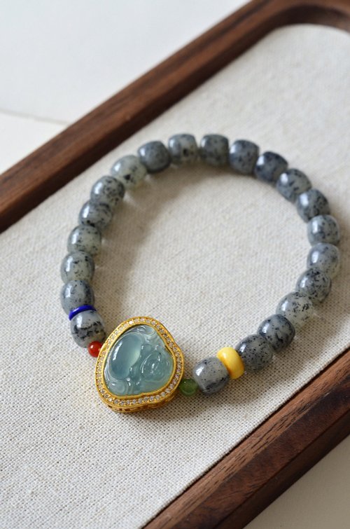 Angel's tears 天使之淚 Jewelry Design 7mm天然和闐玉/和田玉青花玉 危料藍水翡翠笑佛設計單圈手串手鍊
