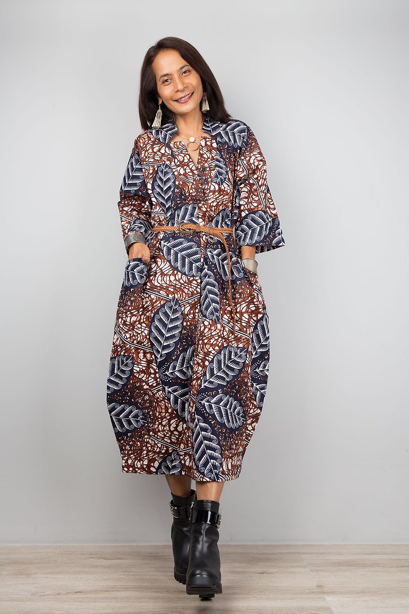 カフタン スタイルのドレス、ゆったりとしたフィット感、着心地の良い、アフリカン プリント生地。 - ワンピース - コットン・麻 ブラウン