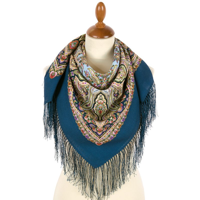 Authentic Pavlovo Posad Russian Shawl Scarf Soft 100% Wool 89x89 cm 1923-14 - 絲巾 - 羊毛 藍色