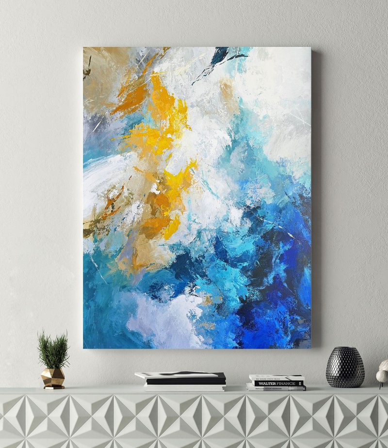 Blue Yellow Abstract | Original Yellow Blue Painting canvas | Ice Water - 壁貼/牆壁裝飾 - 棉．麻 藍色