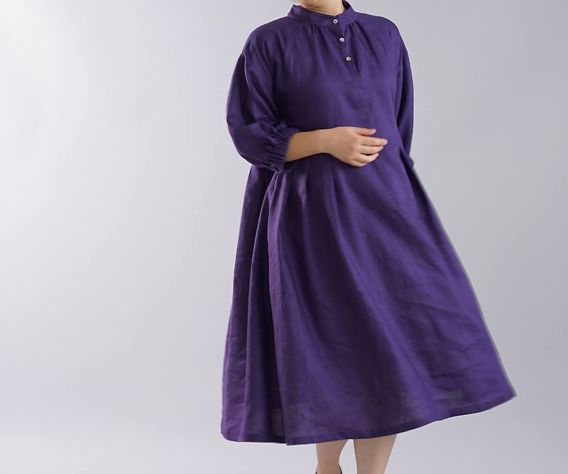wafu  linen dress / midi length / puff sleeve / flare dress / purple a79-10 - One Piece Dresses - Cotton & Hemp Purple