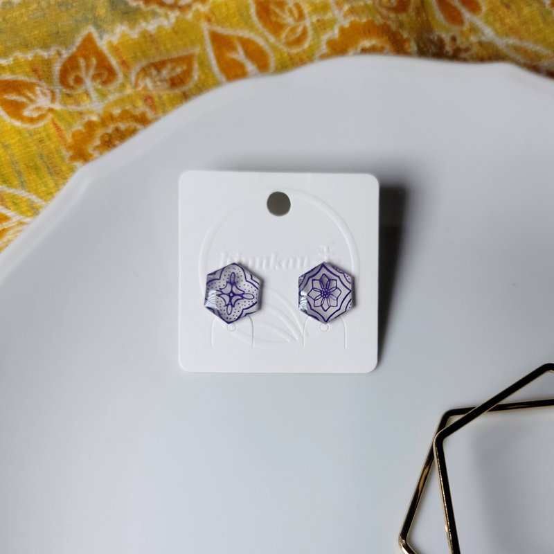 Old Taiwan Tiles Window Grills Pattern Handmade Hand Painted Earrings - Earrings & Clip-ons - Stainless Steel Purple