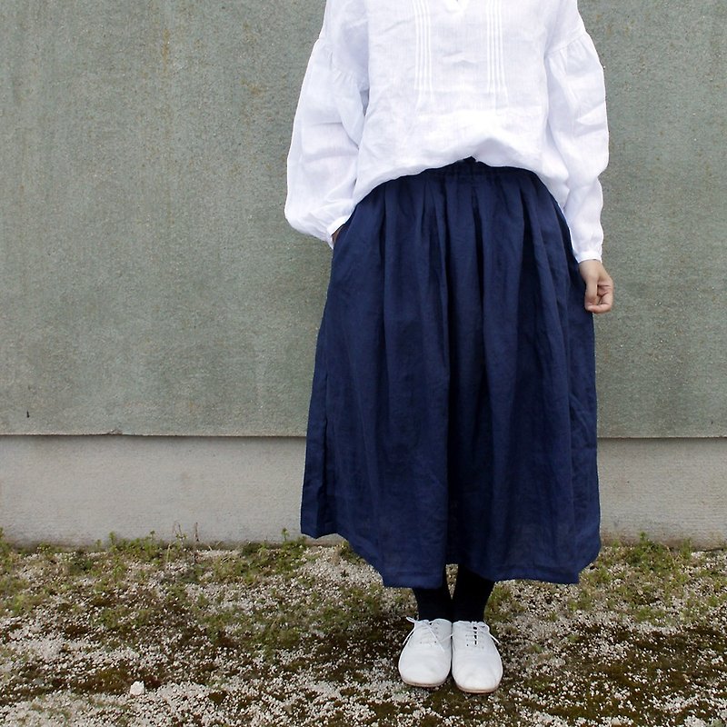Free shipping / linen 100percent　waist tuck long skirt /  rm-32 / navy - Skirts - Cotton & Hemp 
