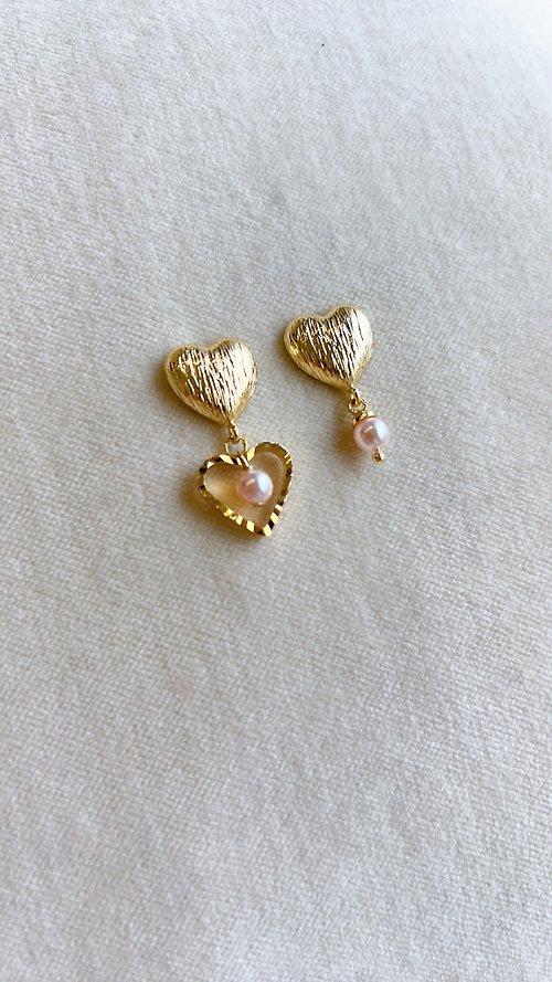 AYLA ANGEL 艾拉天使珠寶 雙款式粉紅水晶珍珠耳環 愛心耳針 14K金