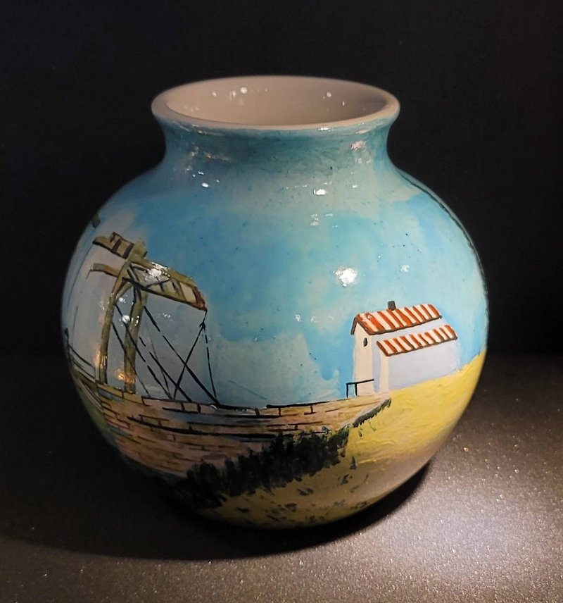 手描きのゴッホの有名な絵画「アルルのラングロワ橋」花瓶 - 花瓶・植木鉢 - 磁器 多色