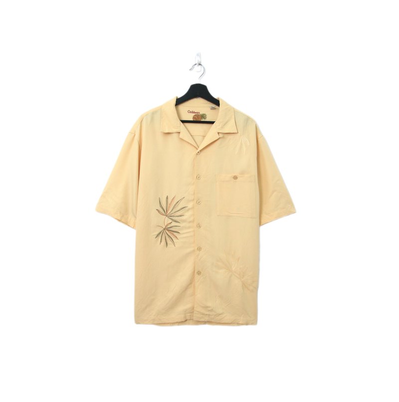 Back to Green-夏威夷襯衫 鵝黃 刺繡葉片 ht-04/vintage shirts - 男襯衫/休閒襯衫 - 棉．麻 