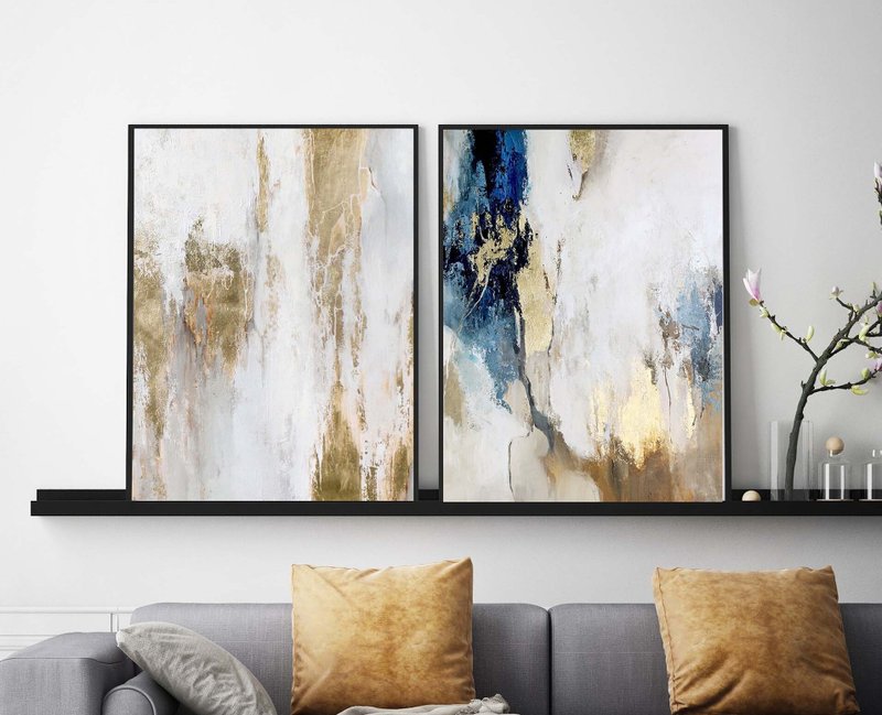 Blue Gold Painting| Blue and Gold Wall Art | Blue and Gold Set of 2 | Polarity 3 - 壁貼/牆壁裝飾 - 棉．麻 藍色