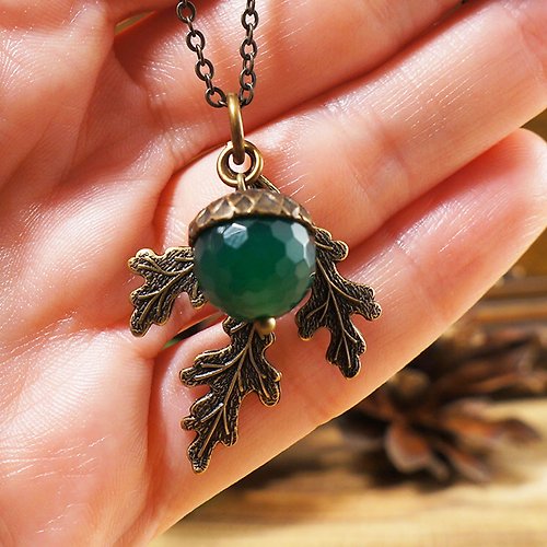 AGATIX Dark Sea Green Agate Brass Acorn Oak Leaf Pendant Necklace Woman Jewelry Gift
