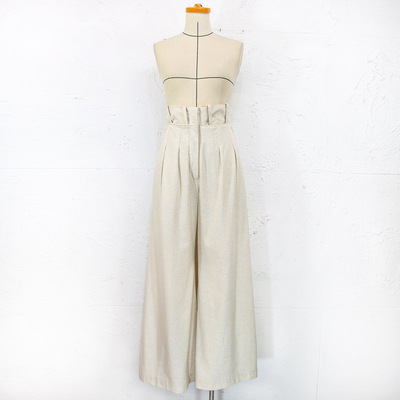 Aman No.44 double waist design invincible high waist wide pants undyed beige - กางเกงขายาว - ผ้าฝ้าย/ผ้าลินิน 