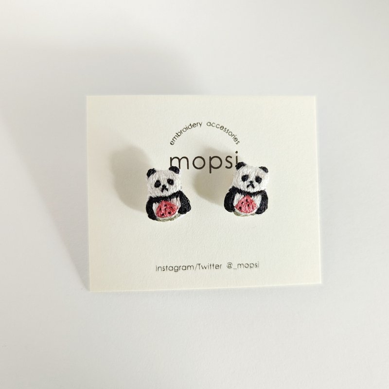 Watermelon and panda embroidery earrings / Clip-On - Earrings & Clip-ons - Thread White