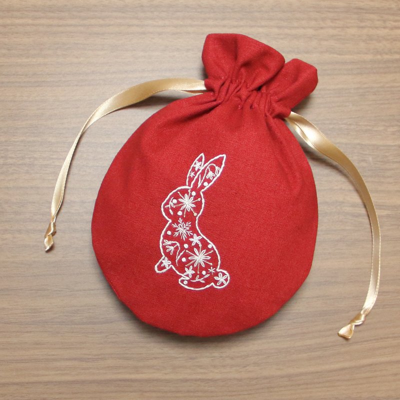 Rabbit and Snowflake Drawstring Pouch Hand Embroidery Red - Toiletry Bags & Pouches - Thread 