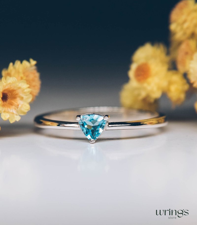 Solitaire Trillion Blue Topaz Engagement Ring Silver with Minimalist Thin Band - General Rings - Sterling Silver Blue