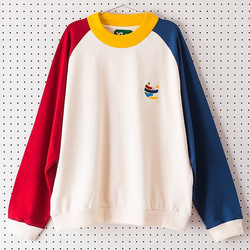 New nine-color deer embroidery color matching raglan sleeve round neck sweater loose Oversize men and women unisex couple - Women's Tops - Cotton & Hemp Red