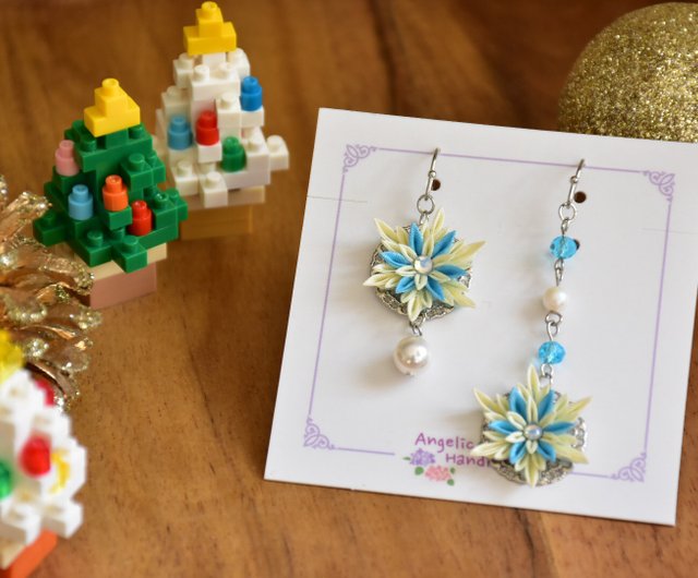 冬のスノーアイスクリスタルブルーカスタムシルクフラワーピアス