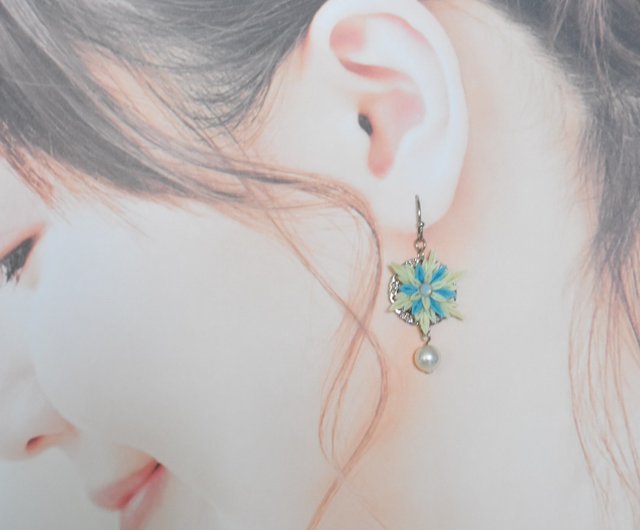 NSKY　ハンドメイドピアス 冬のスノーアイスクリスタルブルーカスタムシルクフラワーピアス