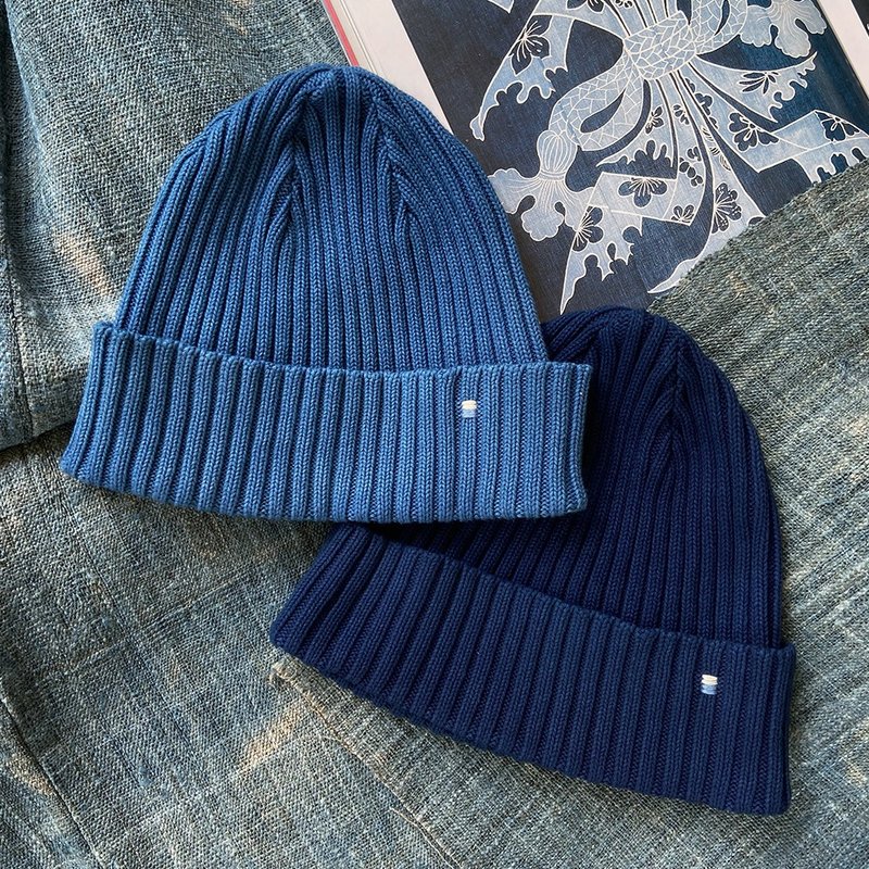 MajorFolk blue dyed Japanese retro hand-sewn two-color sashiko embroidery two-color indigo cotton knitted wool beanie - หมวก - ผ้าฝ้าย/ผ้าลินิน 