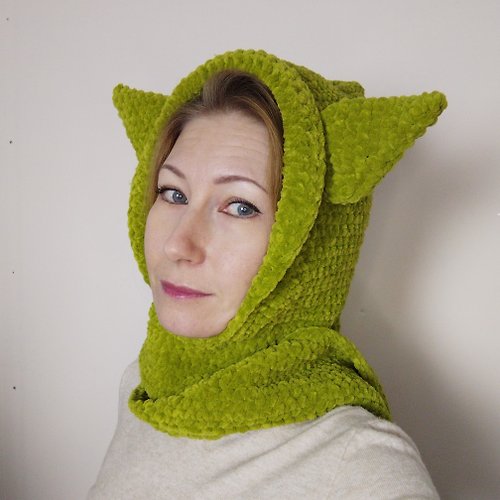 Alternative Crochet Boutique 綠龍帽圍巾鉤針。 尤達帽子圍巾手工編織。 綠色連帽圍巾。