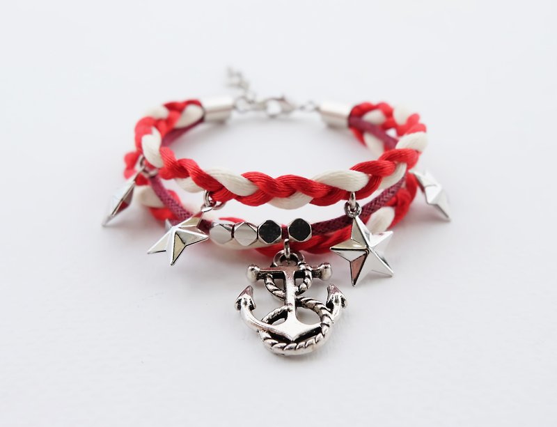 Red nautical triple-layer braided bracelet - สร้อยข้อมือ - วัสดุอื่นๆ สีแดง