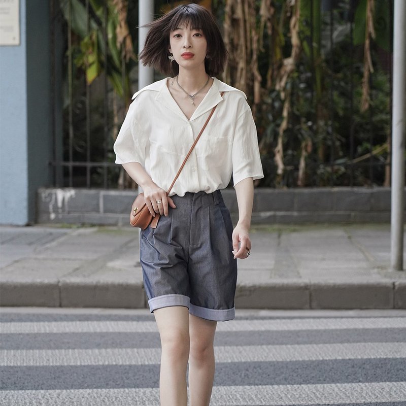 仿牛仔高腰五分褲|褲子|夏款|棉|Sora-510 - 女長褲 - 棉．麻 