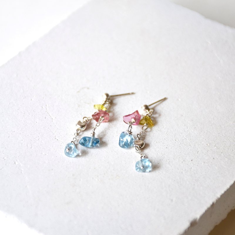 Handmade Aquamarine and Tourmaline with 925 Silver Earrings, Dangle Drop Earring - Earrings & Clip-ons - Gemstone Multicolor