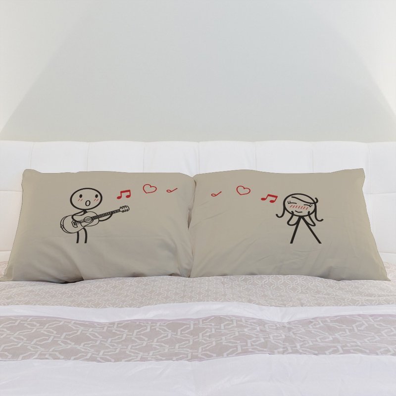 Guitar Boy Meets Girl couple pillowcase+Pillows - หมอน - ผ้าฝ้าย/ผ้าลินิน สีกากี