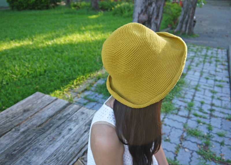 A mother's hand-made hat-hand-made cotton rope crocheted hat / wide brim fisherman hat-mustard yellow / gift - Hats & Caps - Cotton & Hemp Yellow