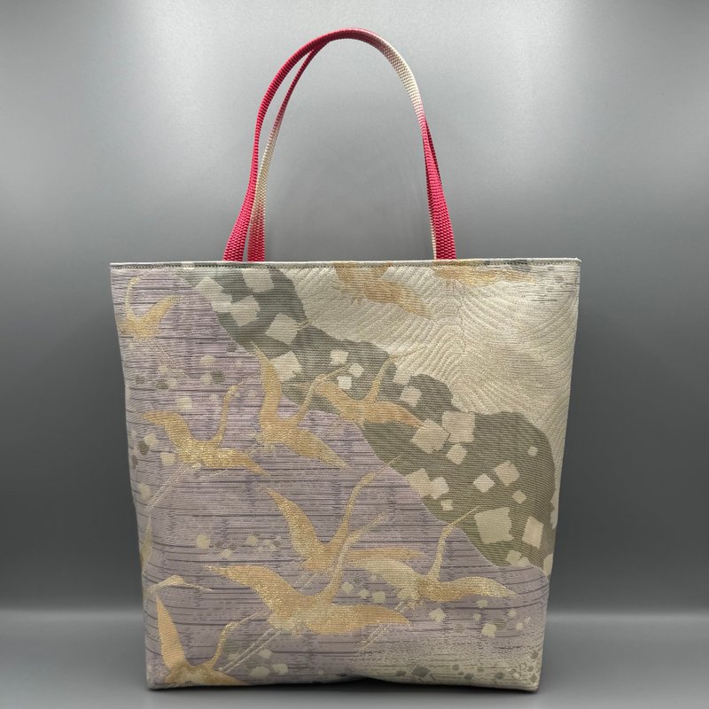 着物 帯 帯締め ハンドメイド トートバッグ リメイク ゴールド ピンク 鶴 - 手提包/手提袋 - 絲．絹 金色