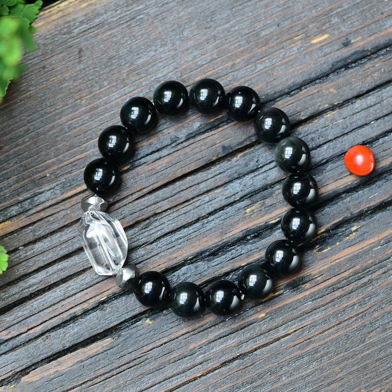 Super Natural Obsidian 10MM Bracelet with White Crystal Beads Rainbow Eye Effect Same Style for Men and Women - Bracelets - Gemstone 