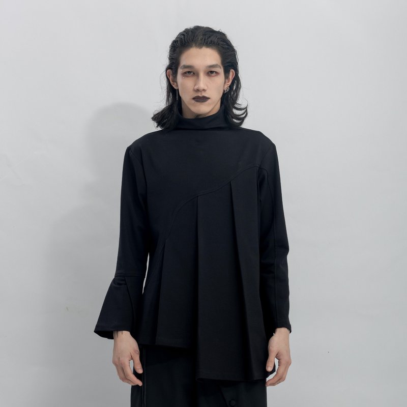 INF スタンドカラープリーツアシンメトリートップス - Tシャツ メンズ - ポリエステル ブラック