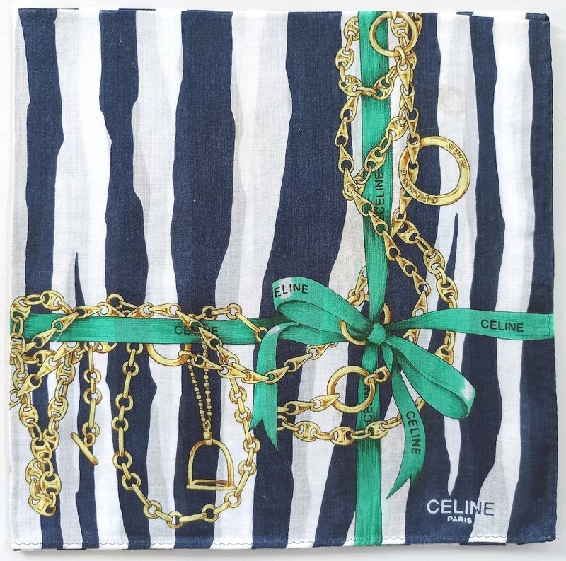 Celine Vintage Handkerchief Blue Striped Green Ribbon 19 x 18.5 inches - 手帕 - 棉．麻 綠色