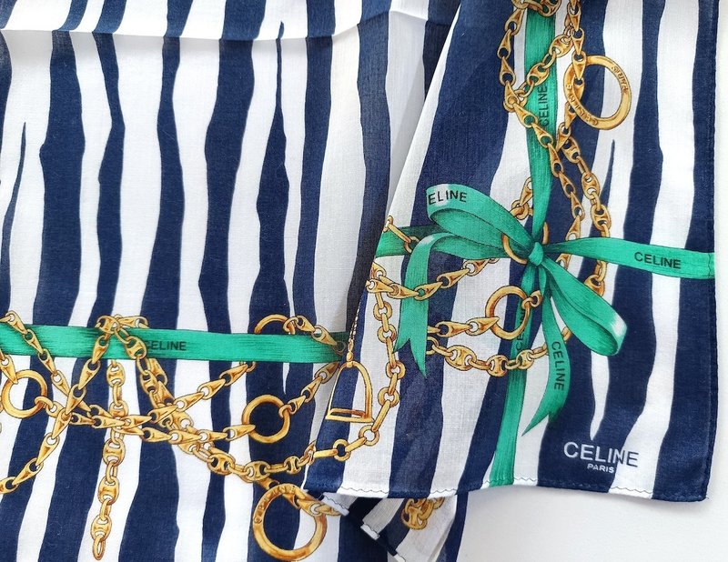 Celine 古董頭巾 鏈條絲帶與藍色條紋 19 x 18.5 英吋 - 手帕 - 棉．麻 綠色