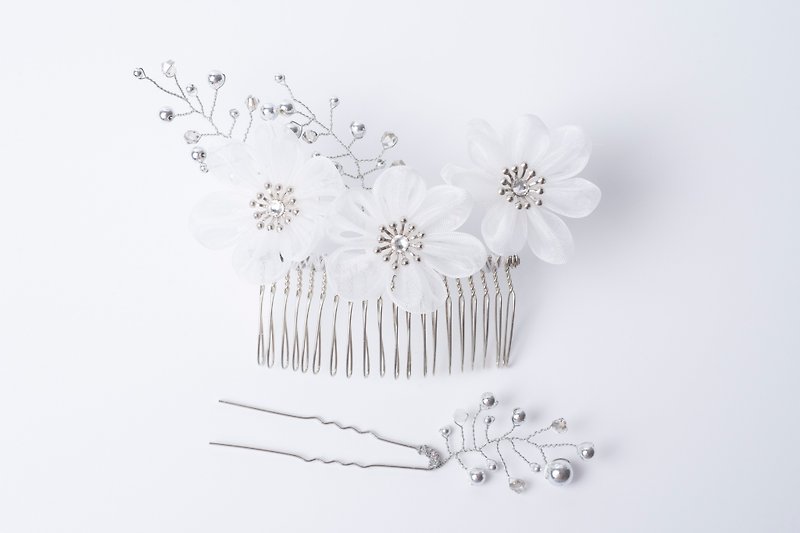 [Xinghe ほしみ] つまみ 工 / Chiffon ribbon and wind cloth flower 20 mountain 髪 comb U-Pin Set - Hair Accessories - Polyester White