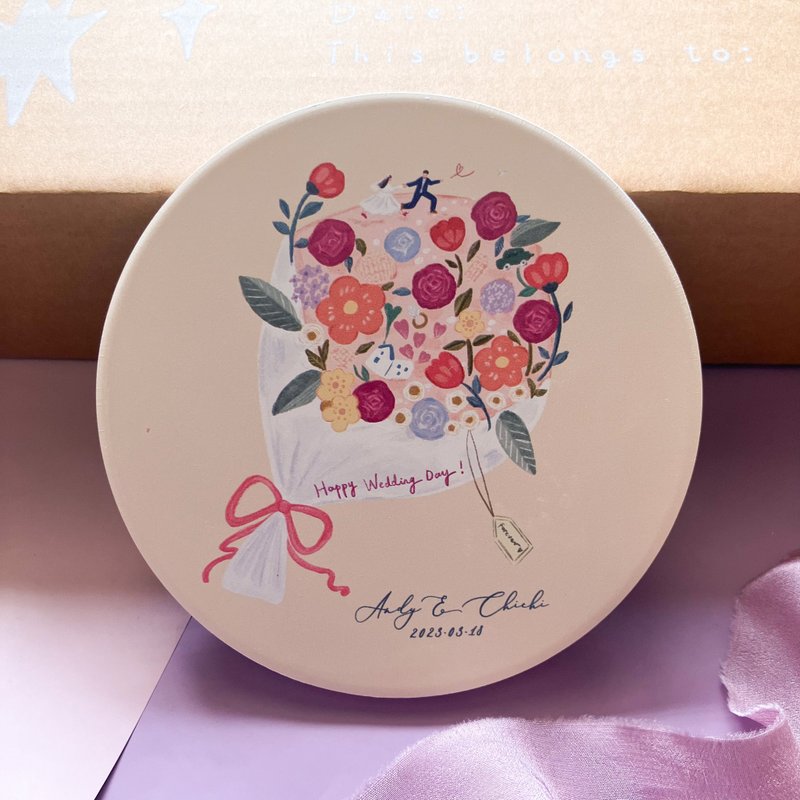 [Customized] Water-absorbent ceramic coasters-wedding souvenirs with cute illustrations for wedding ceremony - ของวางตกแต่ง - ดินเผา สีเหลือง