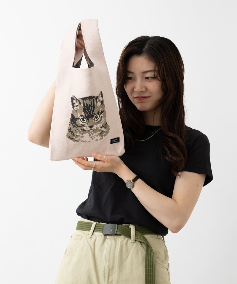 Jubilee Knit Tote Bag Large Marche Size Cat PalePink - กระเป๋าถือ - เส้นใยสังเคราะห์ สึชมพู