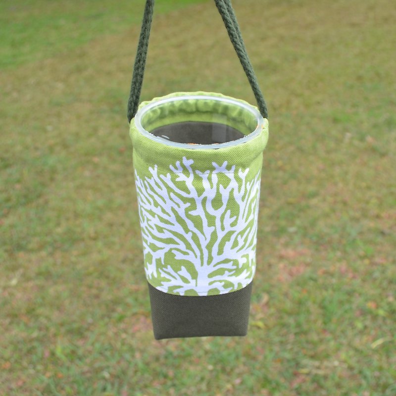 Tree coral beverage bag/water bottle holder/beverage carrier/bunch pocket - ถุงใส่กระติกนำ้ - ผ้าฝ้าย/ผ้าลินิน สีเขียว