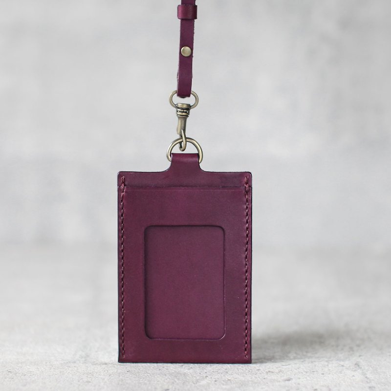真皮 證件套/識別證套 紫色 - 深葡萄紫色植鞣真皮手工直式/橫式證件卡套 含可調掛繩 雙卡夾