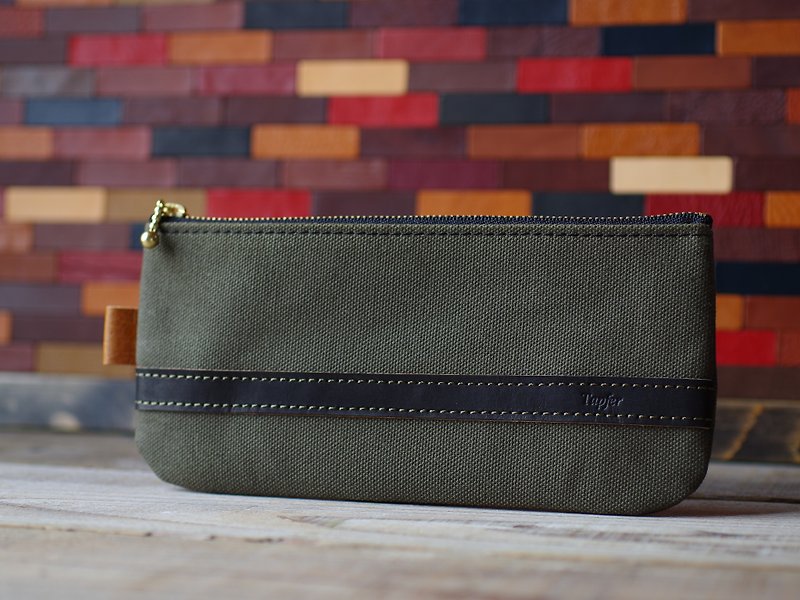 Canvas × Nume leather pouch pen case - กล่องดินสอ/ถุงดินสอ - ผ้าฝ้าย/ผ้าลินิน สีเขียว