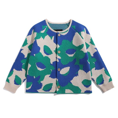 GOC studio 寶寶 幼生禮物 童裝 全棉水仙花圖案長袖針織外套 - 綠藍水仙花
