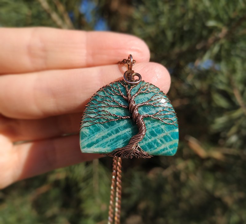 7 Year Wedding Anniversary Gift, Amazonite Wire Wrapped Tree Of Life Pendant - Necklaces - Other Metals Blue