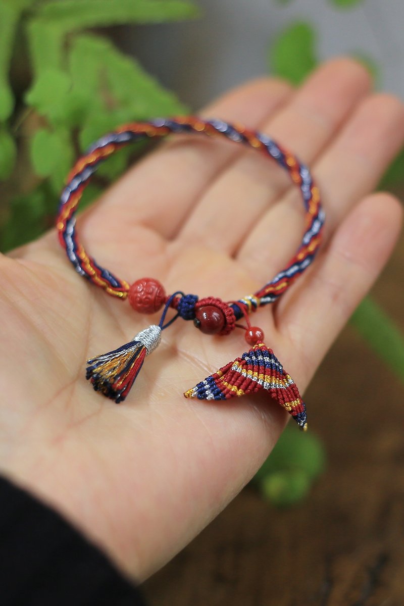 Spring and Autumn original hand kumihimo| Gold, silver, deep red and dark blue mixed auspicious bracelets | New Year blessings - Bracelets - Cotton & Hemp 