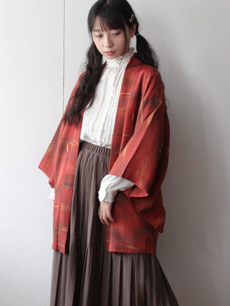 冬日本製復古和風幾何印花氣質磚橘紅古著羽織和服外套 - 女大衣/外套 - 聚酯纖維 紅色