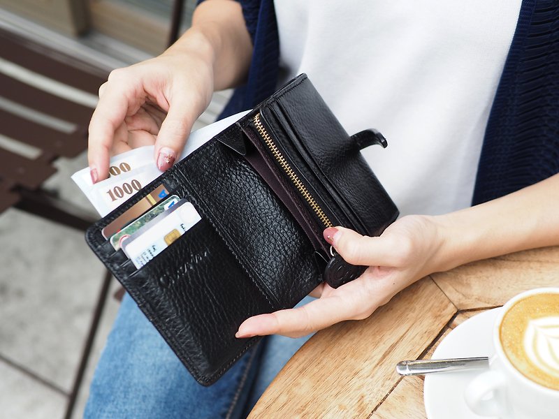 Charlotte (Black) : Mini wallet, Leather wallet, Black wallet, folded wallet - Wallets - Genuine Leather Black