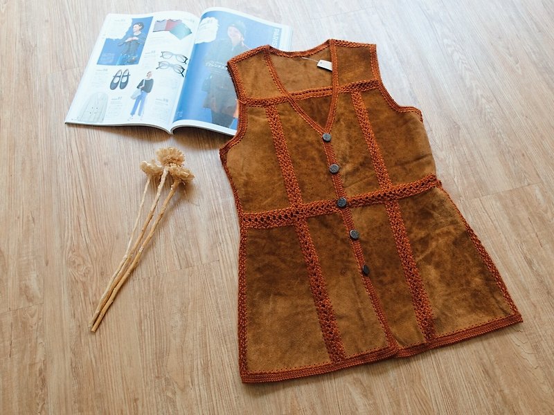 Vintage vest / porcupine no.6 - เสื้อกั๊กผู้หญิง - หนังแท้ สีส้ม