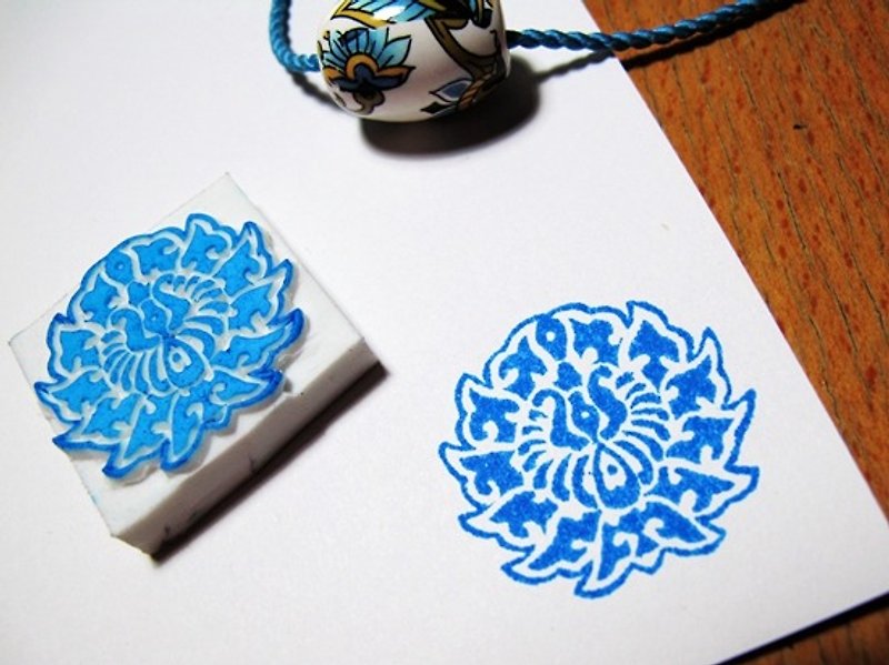 Apu 手作り中国風青と白の磁器ブルー花柄スタンプ - はんこ・スタンプ台 - ゴム 