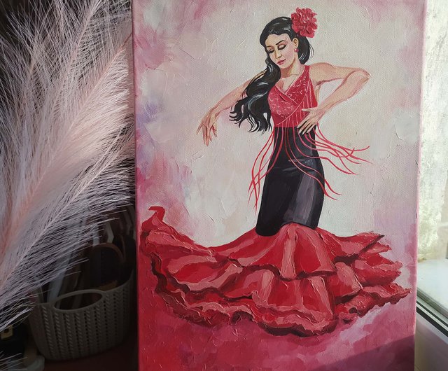 フラメンコを踊る女」 油絵 額付き - 美術品