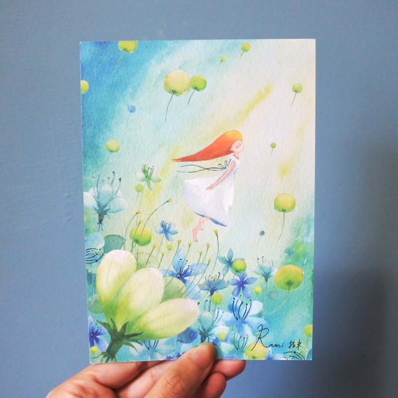Rami watercolor hand-painted wind postcard-the journey of flying girl and dandelion - การ์ด/โปสการ์ด - กระดาษ 