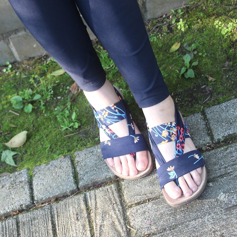 [Roman Holiday Meteor Garden] Lycra leather sandals/elastic Lycra shoelaces/cork comfortable air cushion - รองเท้ารัดส้น - หนังแท้ สีน้ำเงิน