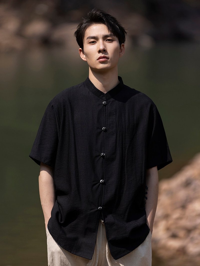 新中式復古 盤扣立領短袖襯衫 唐裝上衣 - 男襯衫/休閒襯衫 - 其他材質 多色