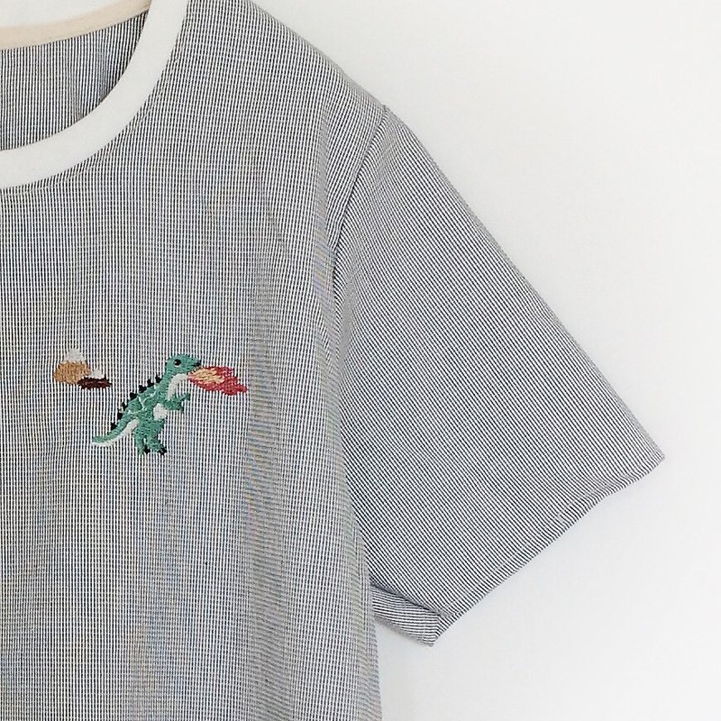 T rex embroidery - shirt - 女裝 上衣 - 棉．麻 灰色